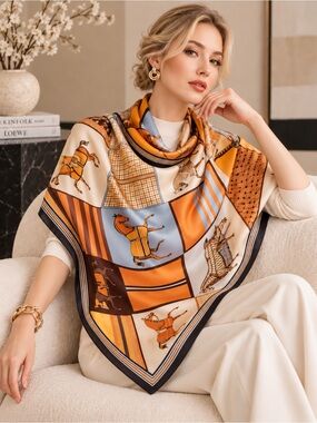 Large Silk-Feel Orange & Blue Horse Print Ladies Scarf